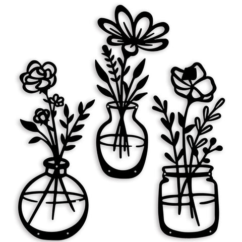 3 Pieces Black Metal Flowers Wall Decor Metal Vase Wall Art Metal Wall Sculptures Hanging for Indoor Kitchen Bathroom Dining Room Patio,14.56x7.48 inches