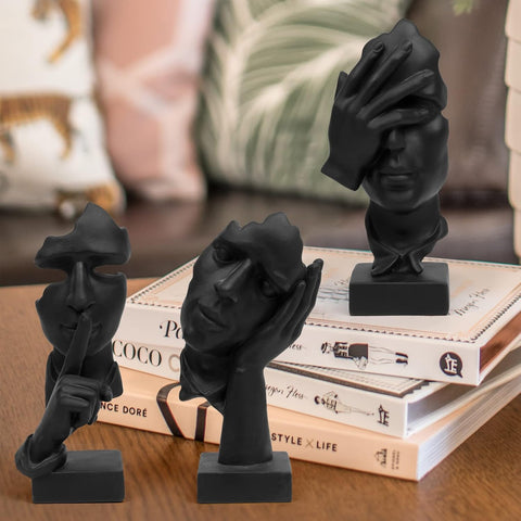 3 Pcs Thinker Statue, Silence is Gold Abstract Art Figurine, No Hear No See No Speak Modern Home Resin Sculptures Decorative Objects Decor for Home Office Bookshelf Desktop(Black) (A-41)