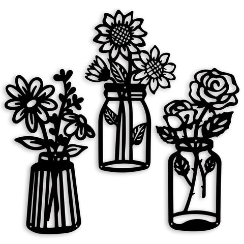 3 Pieces Black Metal Flowers Wall Decor Metal Vase Wall Art Metal Wall Sculptures Hanging for Indoor Kitchen Bathroom Dining Room Patio,14.56x7.48 inches