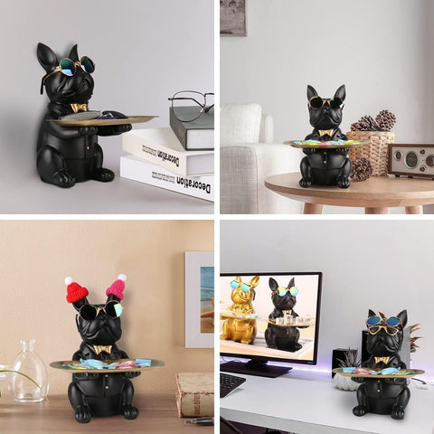 French Bulldog Gifts Key Holder Candy Dish Tray Home Decor Resin Butler Statue Key Bowl Entryway Table Frenchie Dog Sculpture Dining Table Decor Office Small Object Tray (Black)