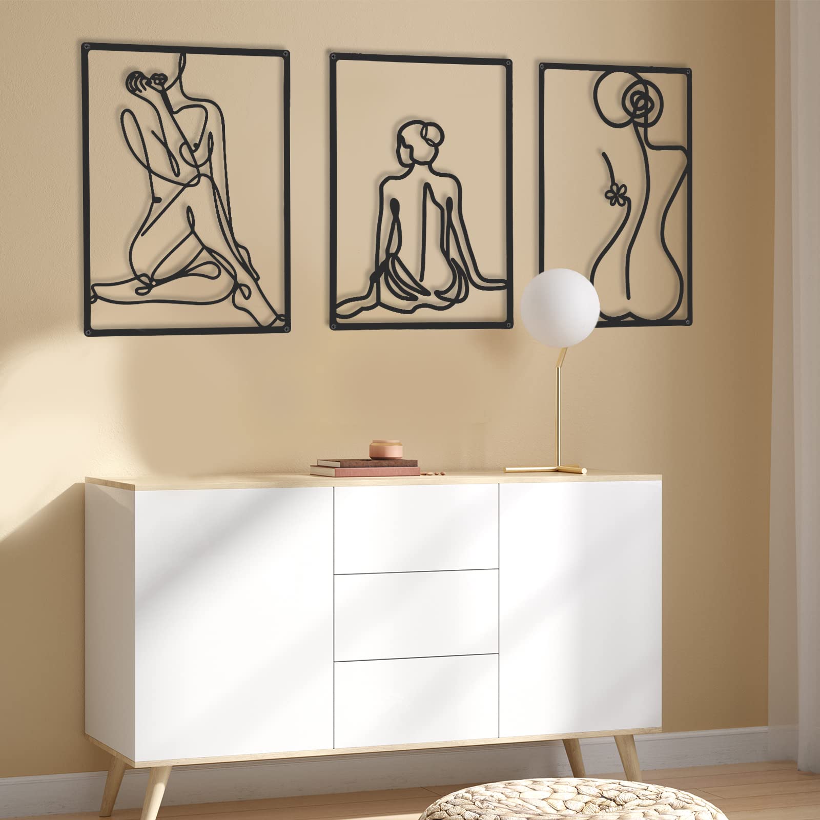 CHENGU 3 Pieces Metal Minimalist Abstract Woman Wall Art Line Drawing Wall Art Decor Single Line Female Home Hanging for Kitchen Bathroom Living Room