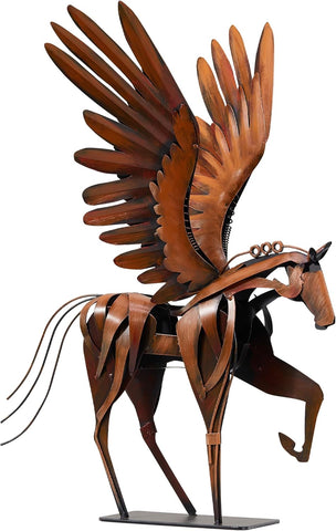 Horse Statue Décor Artwork, 24" H Handmade Metal Pegasus Greek Flying Horse Sculpture, Hand-Painted Animal Figurines for Home Living Room Office (Brown with Wings)