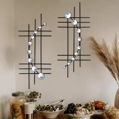 ZEXUIRU 2 Set Bling Metal Wall Art Jeweled crystal Hang wall Decor Rhinestone Diamond Iron Abstract Wall Sculpture Black