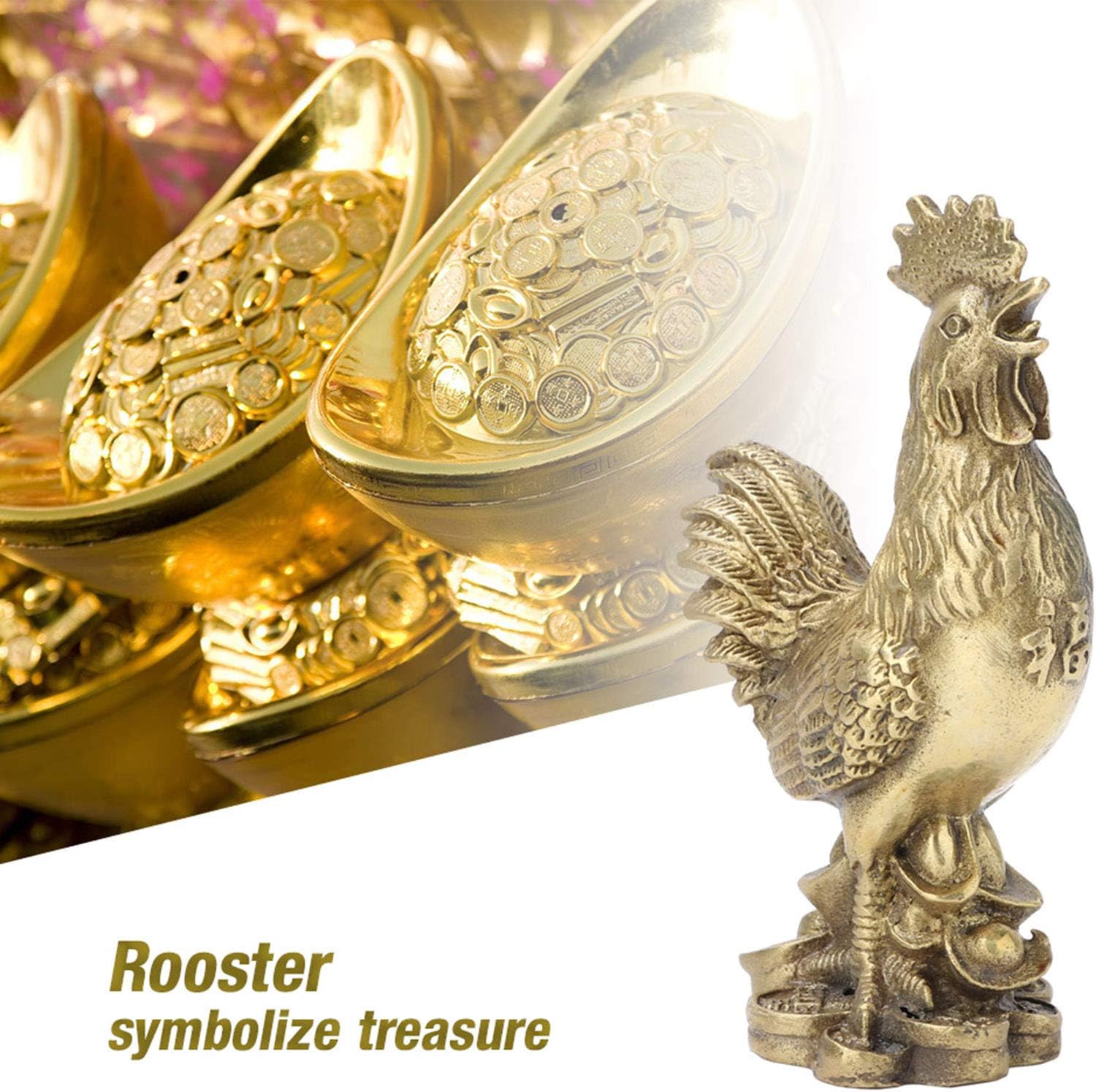 Brass Chicken Statue, Rooster Good Luck Figurine Feng Shui Golden Ornament Desktop Handicraft Wealth Cock Table Sculpture Auspicious Animal Chinese Zodiac Gift Home Office Collection Decoration