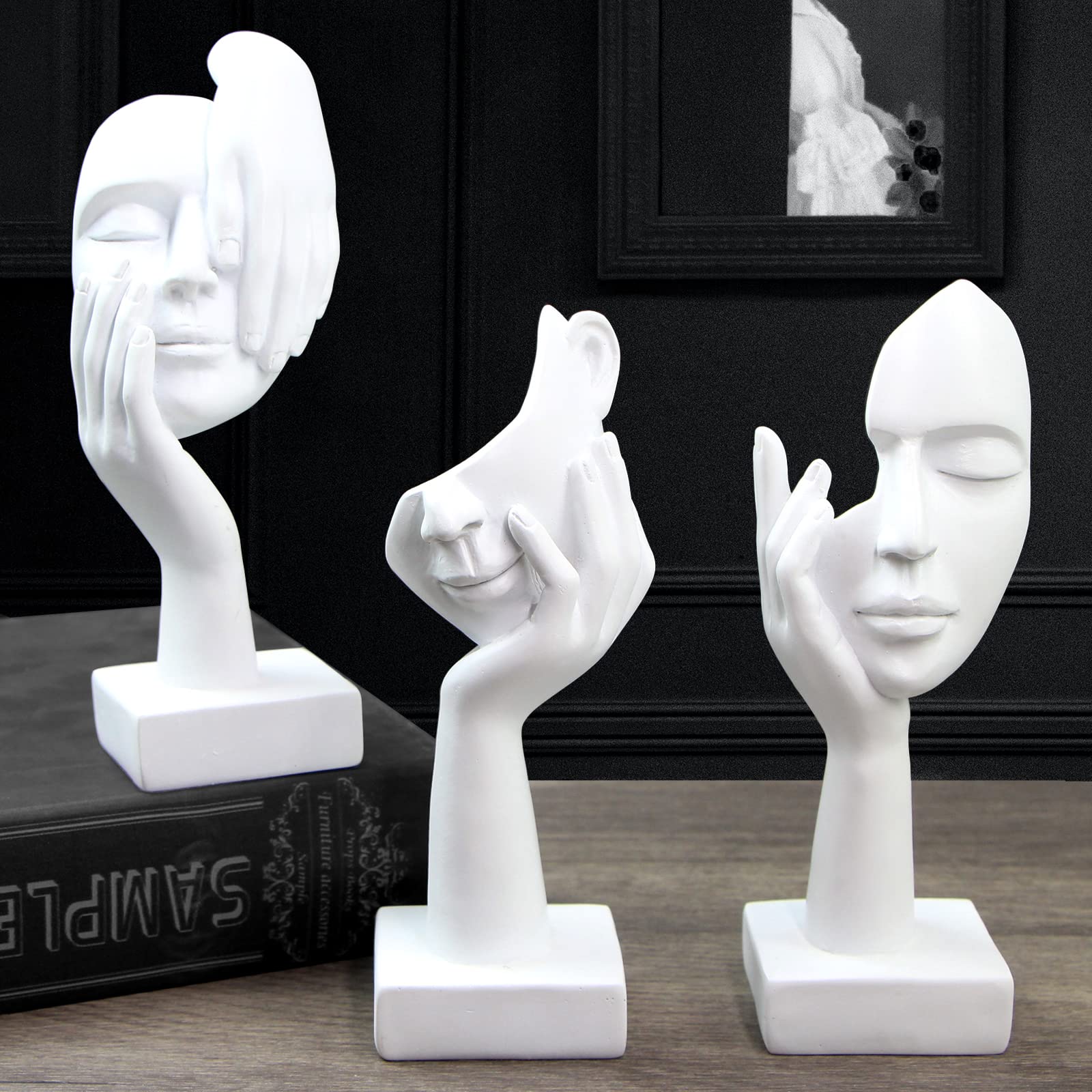 3 Pcs Thinker Statue, Silence is Gold Abstract Art Figurine, No Hear No See No Speak Modern Home Resin Sculptures Decorative Objects Decor for Home Office Bookshelf Desktop(Black) (A-41)