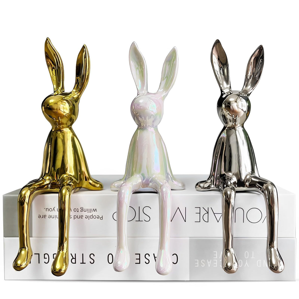 2-Piece Rabbit Decor Sculptures - Home, Office, Living Room, Bedroom - Accents, Decorations, Figurines - Small Statues for Bookshelf, Desk - Ideal Gifts (Gold, Silver)