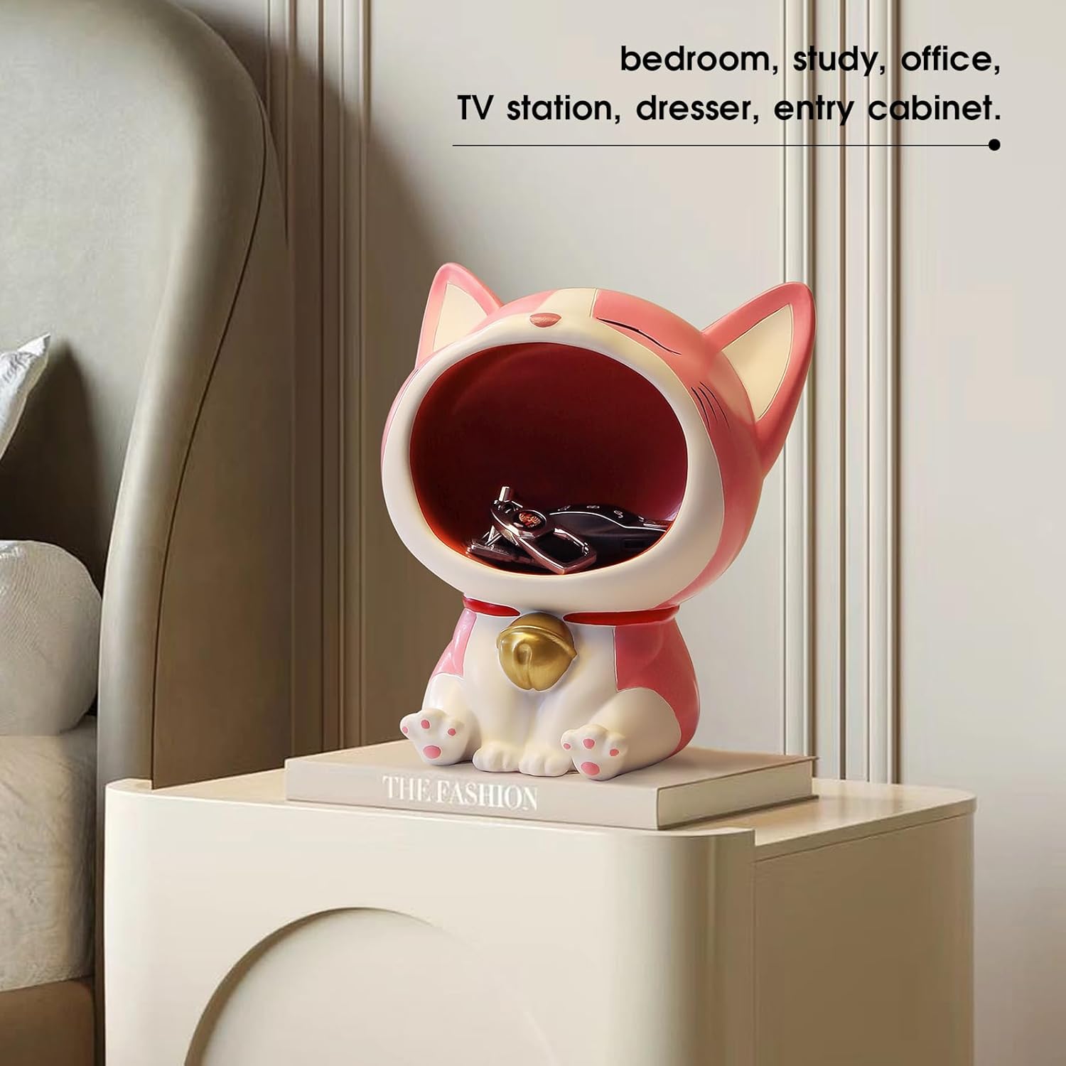 Cute Laughing Cat Figurines for Candy Dish, Key Bowl Holder, Desk, Office Accessories Storage, Home Decor Art Sculpture Gift for Cat Lover, Housewarming Gifts (White)