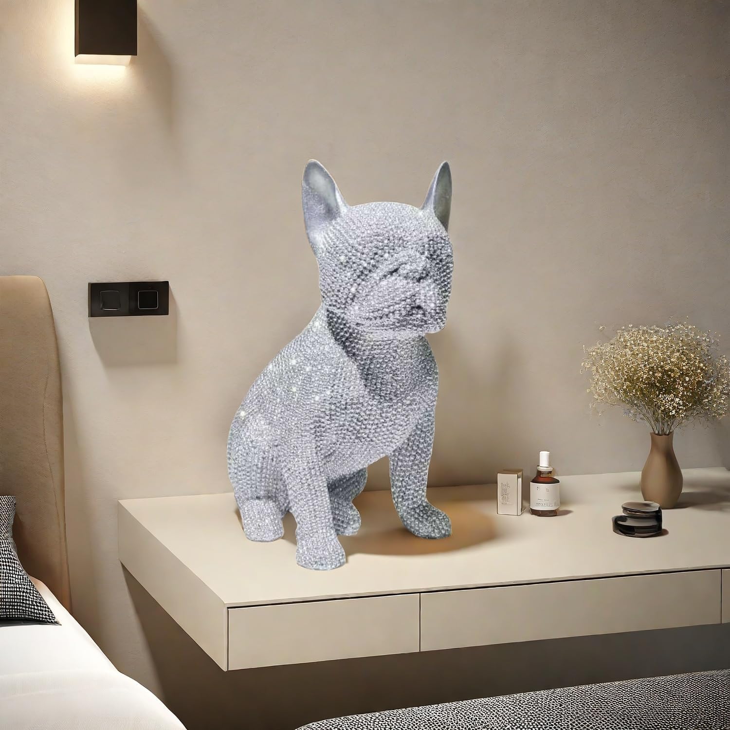 Handcrafted Bulldog Resin Home Decor Statue - Intricate Beaded Design - Unique Decorative Sculpture for Living Room, Office, or Bedroom