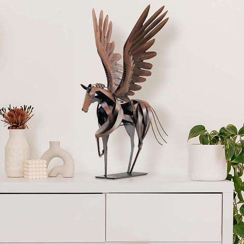 Horse Statue Décor Artwork, 24" H Handmade Metal Pegasus Greek Flying Horse Sculpture, Hand-Painted Animal Figurines for Home Living Room Office (Brown with Wings)