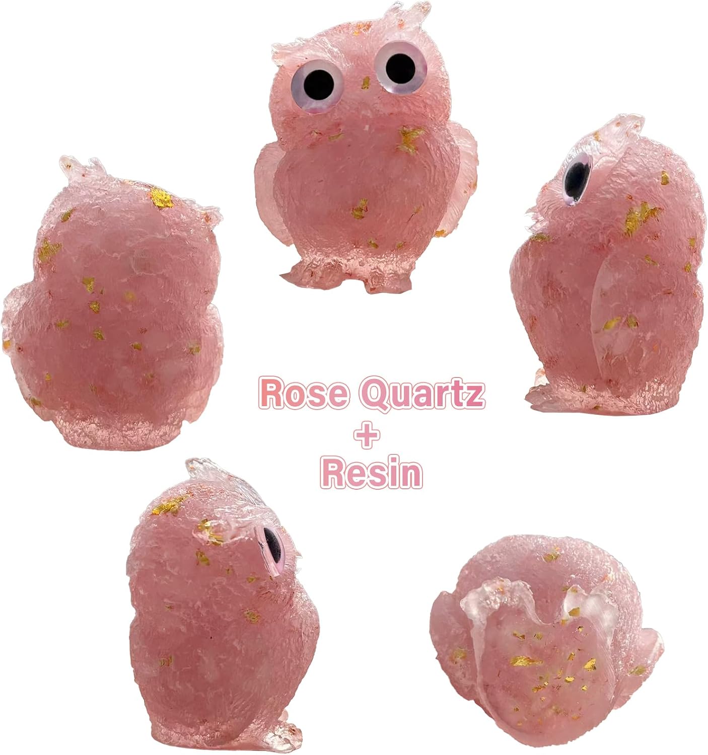 2.5 inch 2PCS Cute Owl Statue Natural Healing Crystal Resin Figurine for Desk, Amethyst Rose Quartz Reiki Spiritual Energy Gemstone Sculpture for Home Office Room Decor Gifts for Women Men