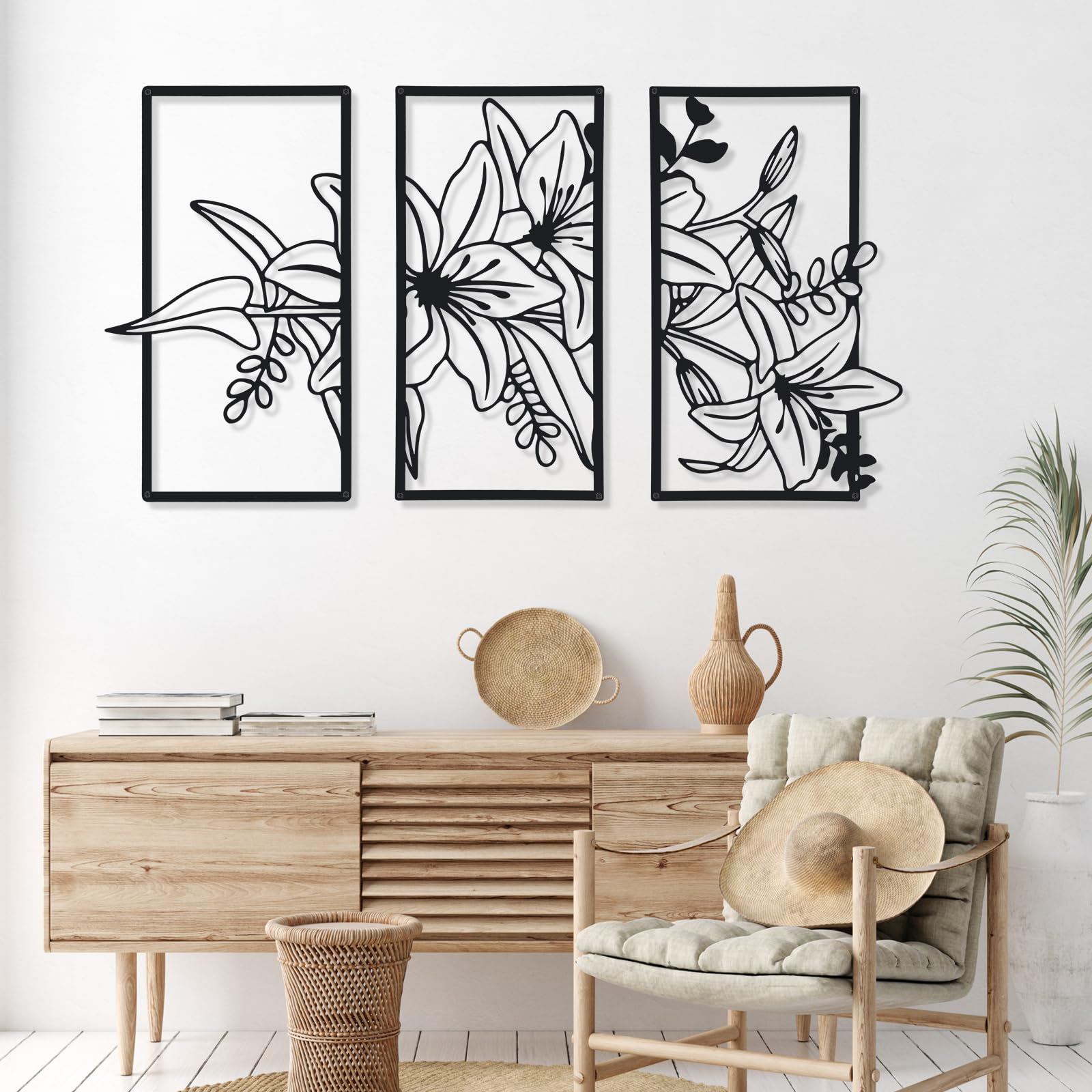 Therwen 3 Pcs Black Metal Wall Art Minimalist Wall Decor for Bedroom Flowers Decor Hanging Flower Bathroom Art Flower Line Sculpture Kitchen Decoration 16.5 x 9.8 Inch