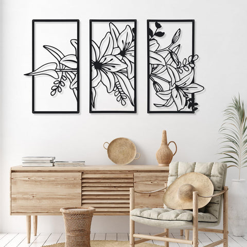 Therwen 3 Pcs Black Metal Wall Art Minimalist Wall Decor for Bedroom Flowers Decor Hanging Flower Bathroom Art Flower Line Sculpture Kitchen Decoration 16.5 x 9.8 Inch