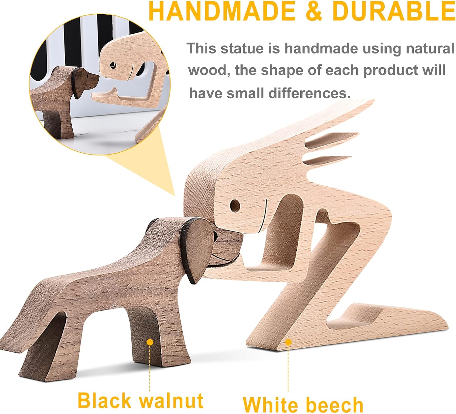 ISHINE Handmade Wood Decor Sculptures, Sitting Man and Dog Statue, Carved Creative Home Office Gift Decoration Natural ECO Friendly