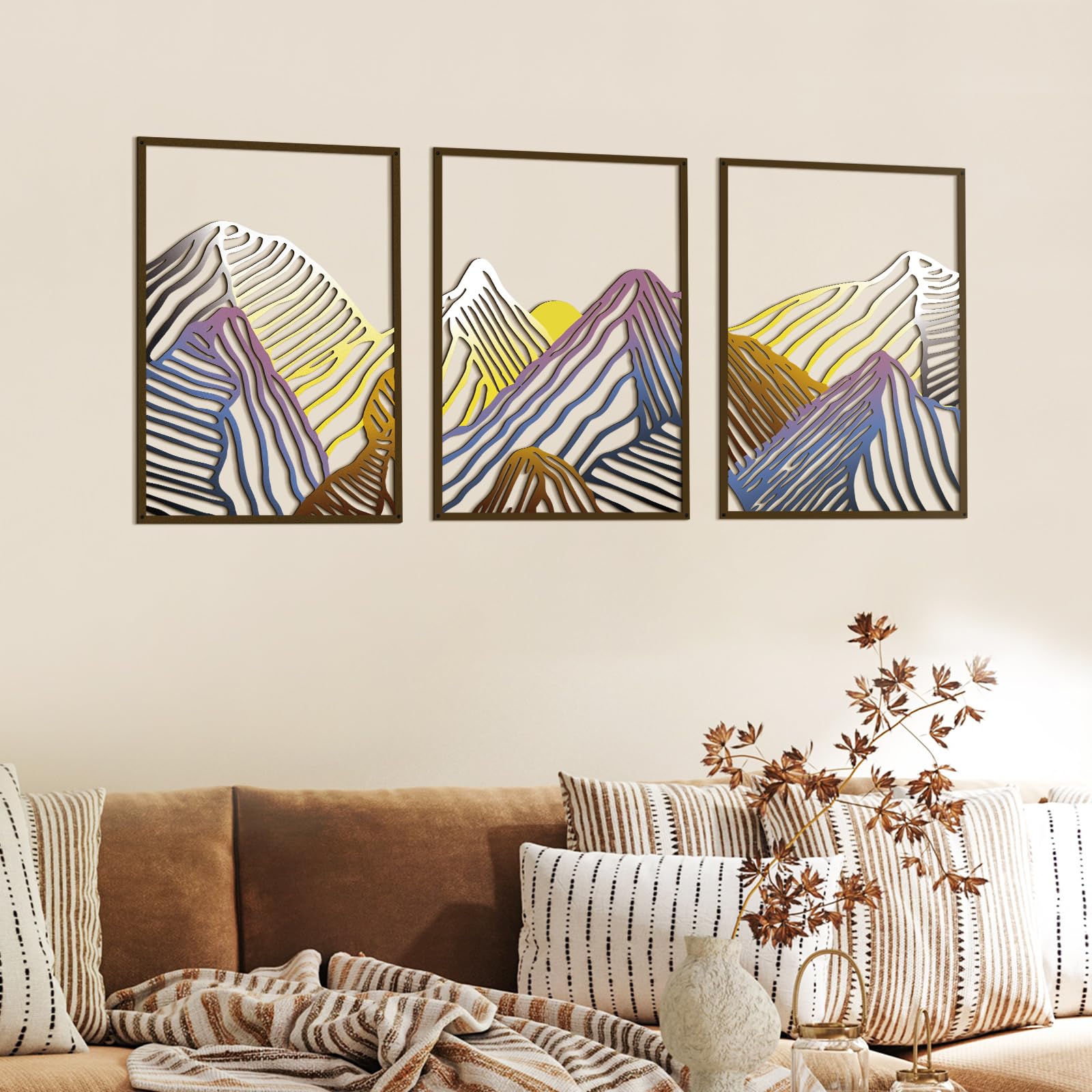 Peryiter 3 Pcs Mountain Metal Wall Art Mountain Line Wall Decor Abstract Minimalist Rustic Nature Decor for Home Bathroom Living Room(Black)