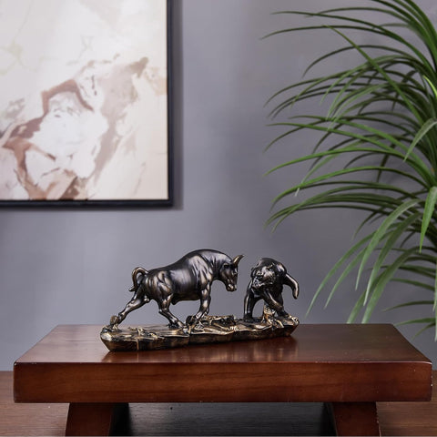 Bull and Bear Statue 15.7" L -Wall Street Bull Statue -Sculptures- Unique Decor for Financial Professionals,Gold