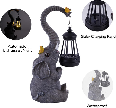 Solar Outdoor Garden Statues Lights, Mom Gifts Birthday Gifts for Women, Lucky Elephant Unique Housewarming Gifts and Yard Decoration, Elephant Figurines with Cute Birds Garden Sculpture Decor