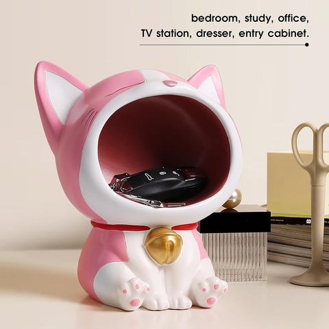 Cute Laughing Cat Figurines for Candy Dish, Key Bowl Holder, Desk, Office Accessories Storage, Home Decor Art Sculpture Gift for Cat Lover, Housewarming Gifts (White)