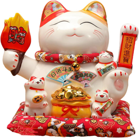 Lucky Statue Cat - Chinese Good Luck Cat with Waving Arm,Ceramic Fortune Cat Statue,Japanese Money Cat for Home, Office, and Store Decorations