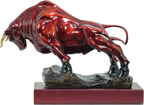 Bronze Bull Sculpture - Pure Copper Charging Bull/Cow/Ox Figure and Statue Handmand Collectable Art Decor - Raging Bull Figurine for Office& Home Decorations and Gift (L:8.3in Red)