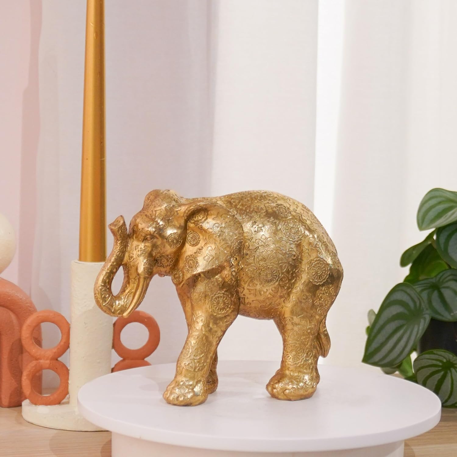 Elephant Statues Home Décor Collectible Figurines - Gold Resin Boho Elephant Decoration Handmade Brings Good Luck Health for Living Room Shelf Office Gifts for Women 7.25 x 3.25 x 5.75 Inch