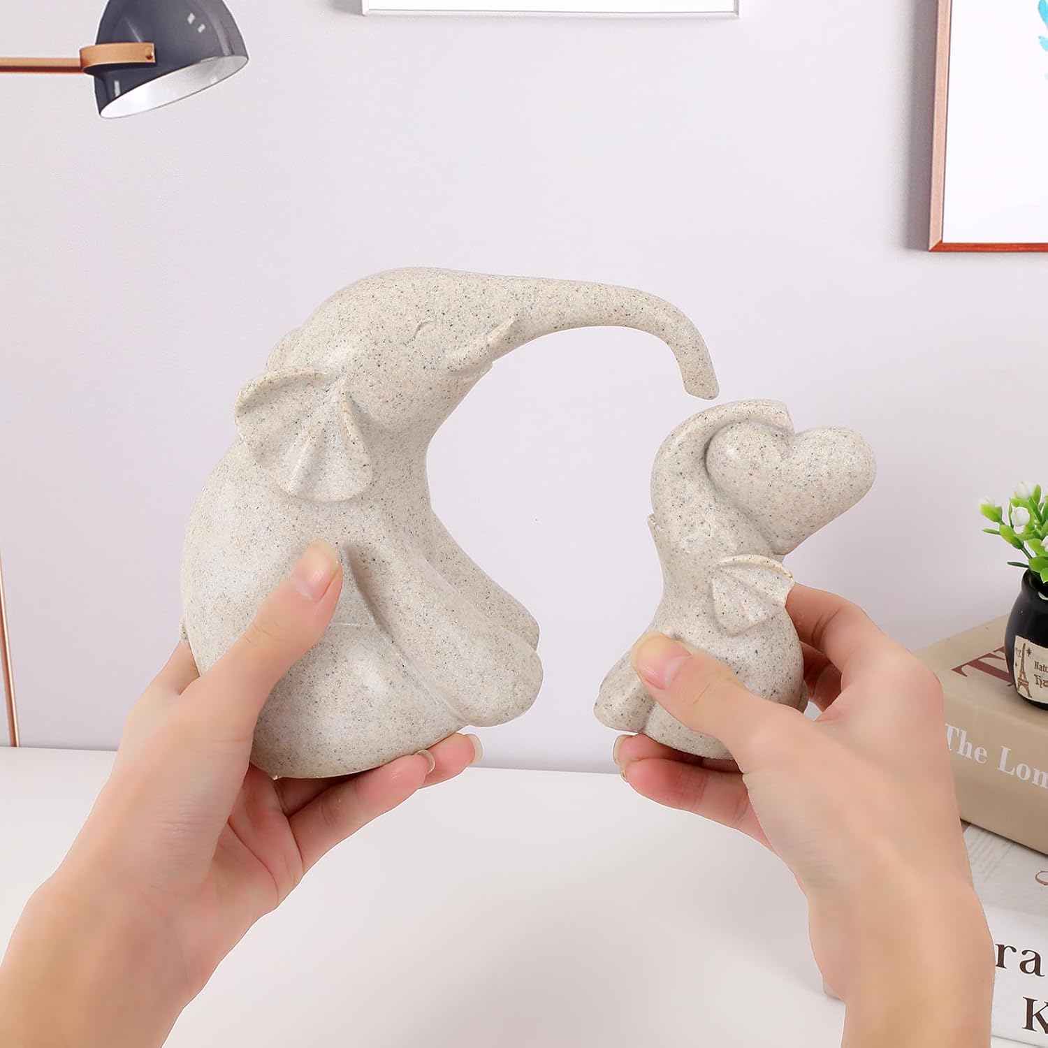 Cute Rock Sand Elephant Figurines Good Luck Elephant with The Baby Home Décor for Shelf Good Gifts for Women Animal Lovers Decoration for Living Room, Bedroom, Office