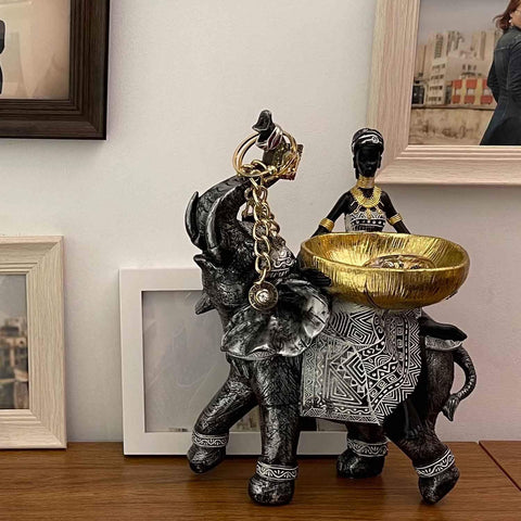 African Design Silver African Elephant and Tribal Lady Figurines with Tribal Totem, Animal and Women Decor Art Sculptures, Holder Statues for Home and Table Decor 911-Black