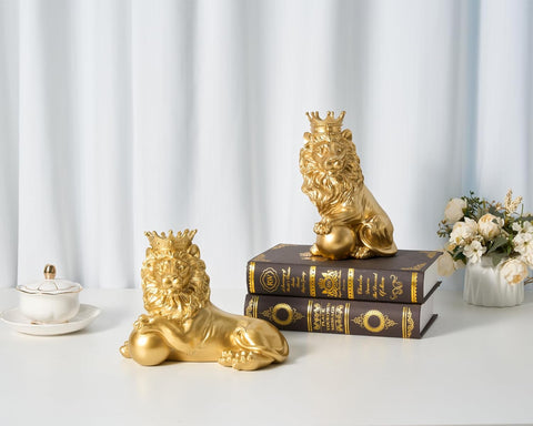 Feng Shui Lion Statue Home Decoration Regal Statement Piece, Men Father Leo Lion Gift, Man Home Office Desk Table Shelf Decoration Antique Golden Lying Lion Statue