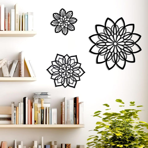 Zzbakress 3 Pieces Metal Flowers Wall Decor, Black Wall Decor, Flower Art Wall Decor Farmhouse Wall Decor Multiple Flowers Hanging Decor for Bathroom Living Room Garden Office (Black Elegant)