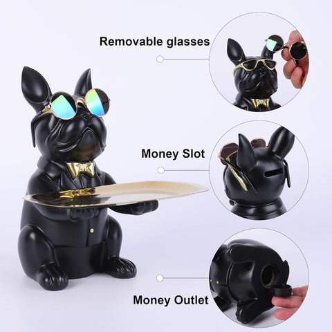 French Bulldog Gifts Key Holder Candy Dish Tray Home Decor Resin Butler Statue Key Bowl Entryway Table Frenchie Dog Sculpture Dining Table Decor Office Small Object Tray (Black)