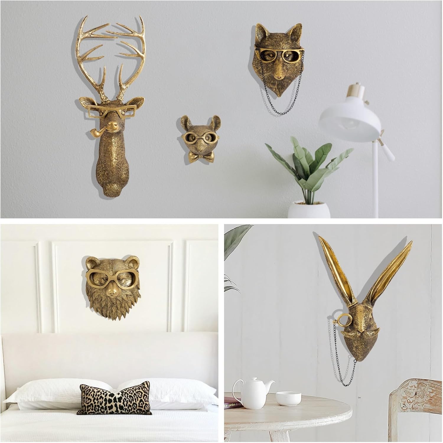 GUASDIE Animal Heads Wall Decor, Faux Deer Head Mount, Animal Sculptures Wall Decor, Resin Animal Head Wall Hanging Decoration for Living Room Bedroom Kitchen Gift,5pcs