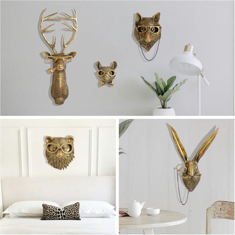 GUASDIE Animal Heads Wall Decor, Faux Deer Head Mount, Animal Sculptures Wall Decor, Resin Animal Head Wall Hanging Decoration for Living Room Bedroom Kitchen Gift,5pcs