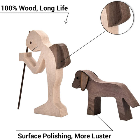 ISHINE Handmade Wood Decor Sculptures, Sitting Man and Dog Statue, Carved Creative Home Office Gift Decoration Natural ECO Friendly