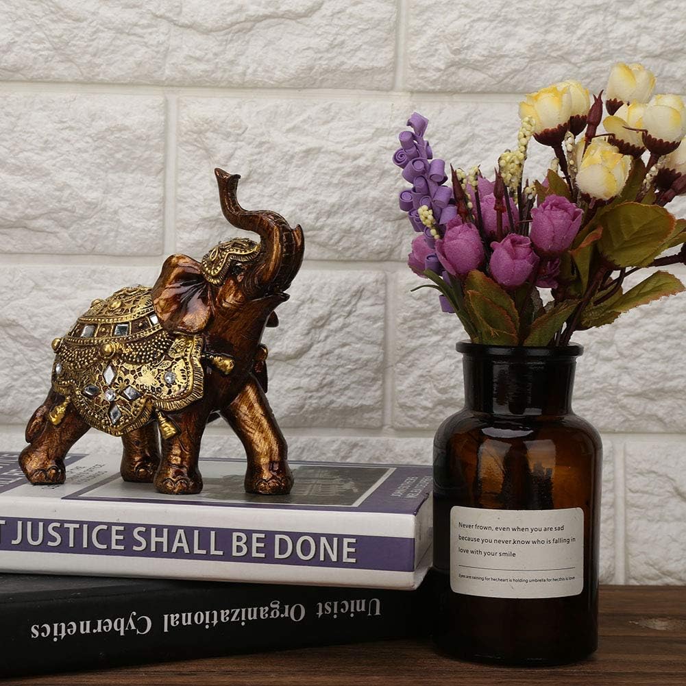 Elegant Statue Resin Feng Shui Golden Sculpture Wealth Lucky Elephant Figurine with Trunk Facing Upwards for Home Office Decoration(L)