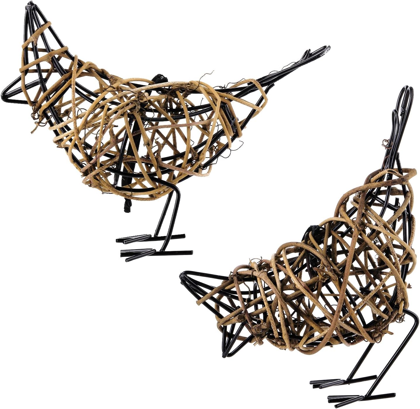 Handmade Bird Statue Rustic Table Decor Trio, Rattan Bird Figurine Farmhouse Shelf Decor, Handing Metal Sculptures for Home Decoration, Christmas Ornament & Memo Clip