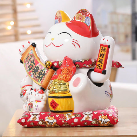 Lucky Statue Cat - Chinese Good Luck Cat with Waving Arm,Ceramic Fortune Cat Statue,Japanese Money Cat for Home, Office, and Store Decorations