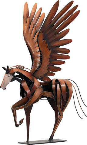 Horse Statue Décor Artwork, 24" H Handmade Metal Pegasus Greek Flying Horse Sculpture, Hand-Painted Animal Figurines for Home Living Room Office (Brown with Wings)