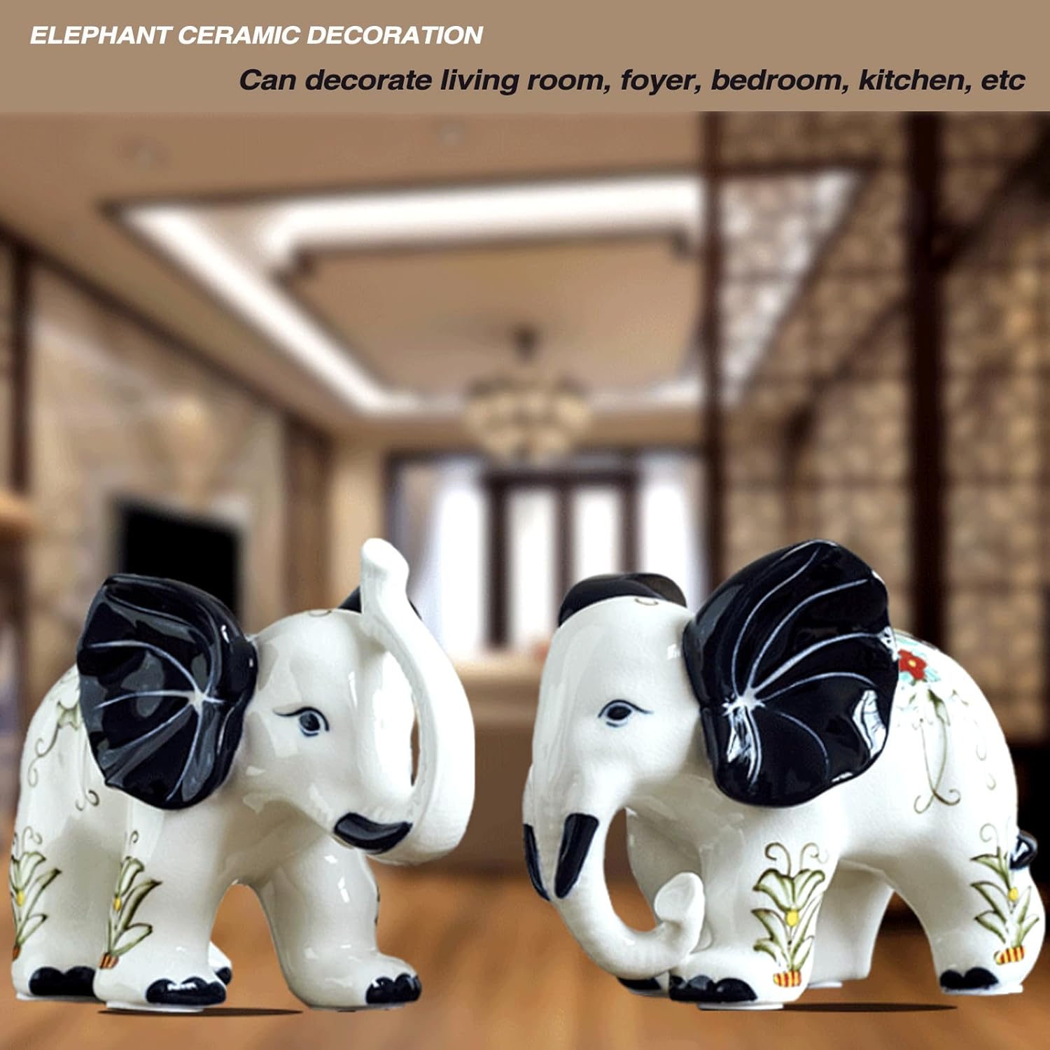 Porcelain Elephant Statue Ceramic White Table Sculpture, Desktop Art Figures Great Gift Animal Figurines Home Décor, Crafts Decorations for Living Room Party Foyer (White-ElephantNoseUP)