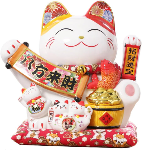 Lucky Statue Cat - Chinese Good Luck Cat with Waving Arm,Ceramic Fortune Cat Statue,Japanese Money Cat for Home, Office, and Store Decorations