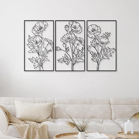 Therwen 3 Pcs Black Metal Wall Art Minimalist Wall Decor for Bedroom Flowers Decor Hanging Flower Bathroom Art Flower Line Sculpture Kitchen Decoration 16.5 x 9.8 Inch