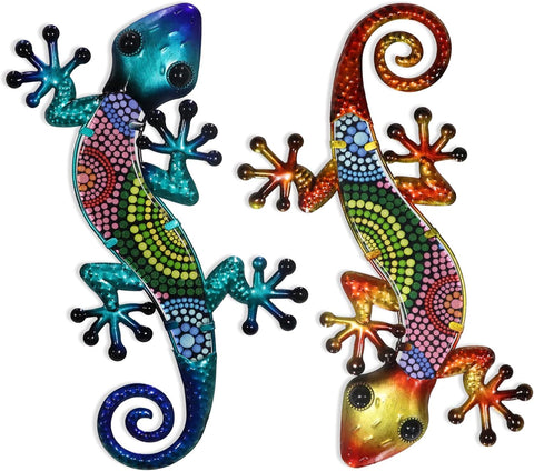 HONGLAND Metal Gecko Wall Art 2 Pack 15 Inch Lizard Outdoor Decor Hanging Glass Sculpture Decoration for Garden Fence Home