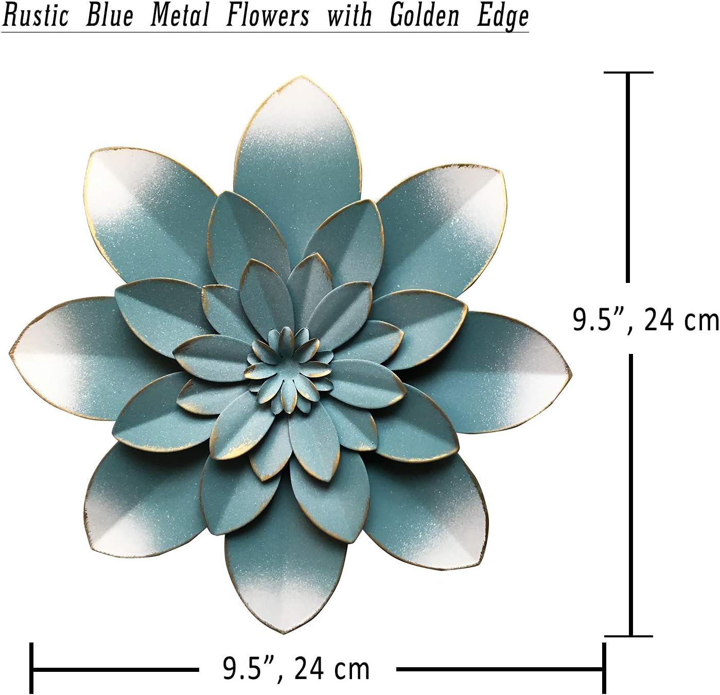 Blue Metal Flower Wall Art Decor, 9.5“ Rustic Modern Floral Sculpture, Distressed Hanging Home Decoration Accent Artworks for Indoor Bedroom Living Room Office Outdoor Garden Patio