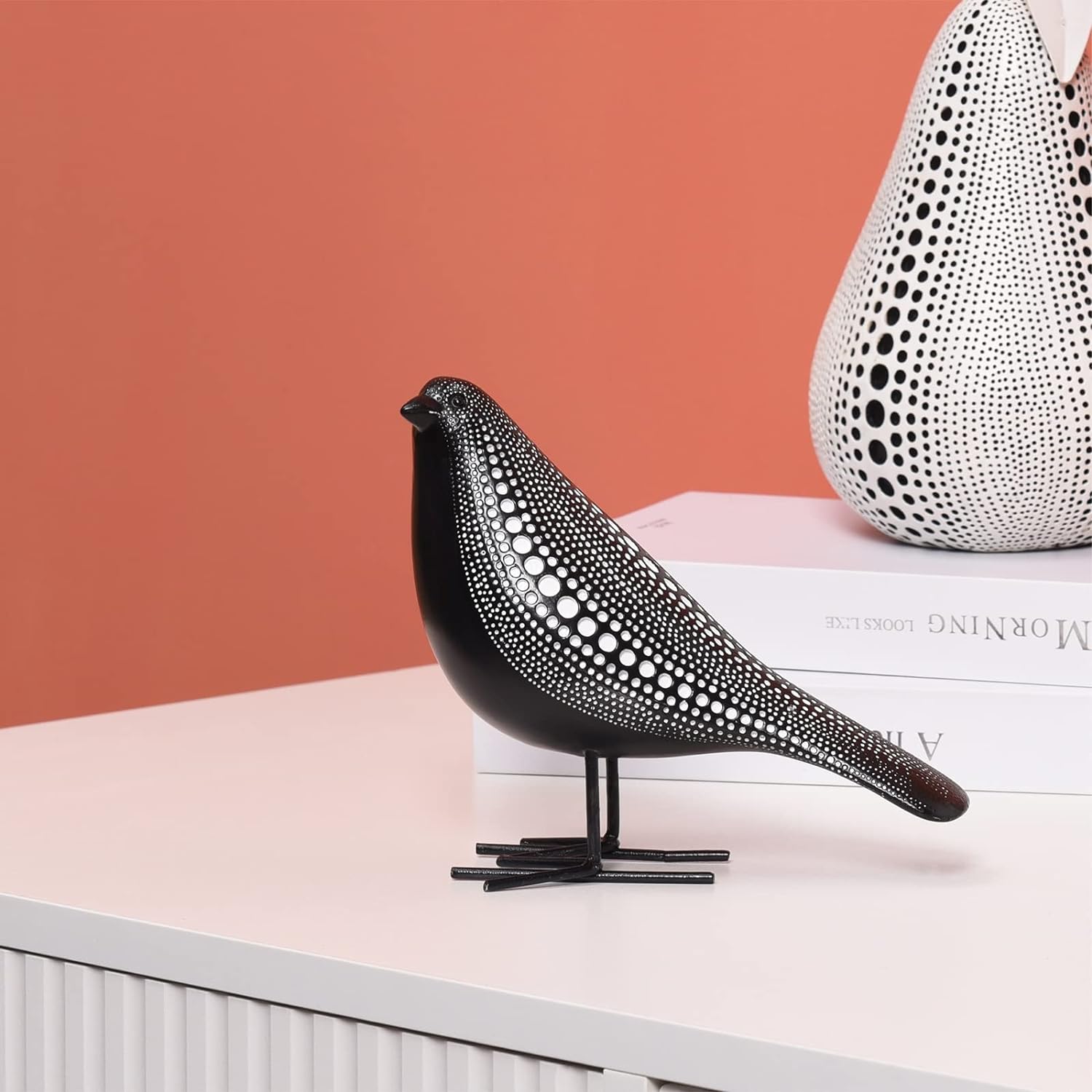 Quoowiit Sculptures Home Decor, Bird Figurine Shelf Decor, Modern Decorations for Living Room, Bedroom, Office, House, Resin Animal Statues and Figurine with Chic Polka Dots Art Design (Black)