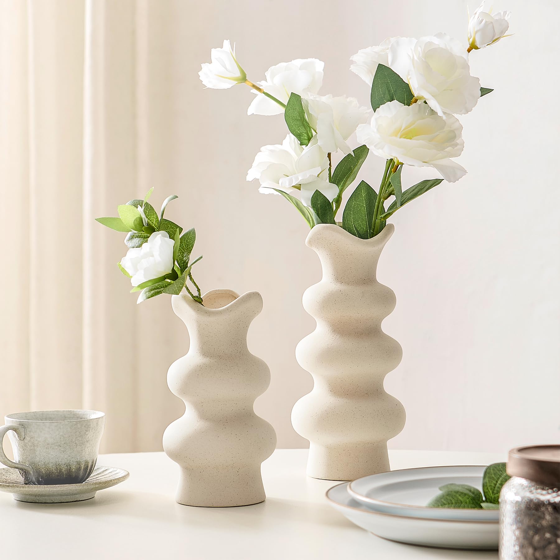 Modern Decorative White Ceramic Vases for Home Decor 8.3 Inch, Fall Minimalist Vase for Pampas Grass, Boho Flower Vase, Aesthetic Cream Vase