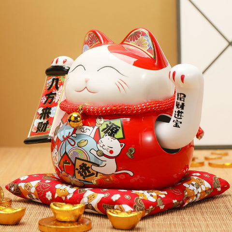 Lucky Statue Cat - Chinese Good Luck Cat with Waving Arm,Ceramic Fortune Cat Statue,Japanese Money Cat for Home, Office, and Store Decorations