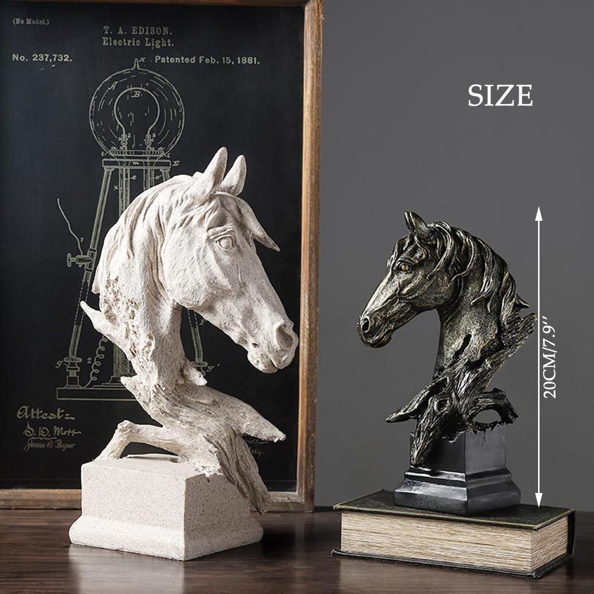 Creative Art Retro Horse Head Ornament,Resin Statue Ornaments,Abstract Style Sculptures,Living Room Dining Desk Decorations,Bookshelf Decorative Objects,Office Decor(11.8"/Sandstone)