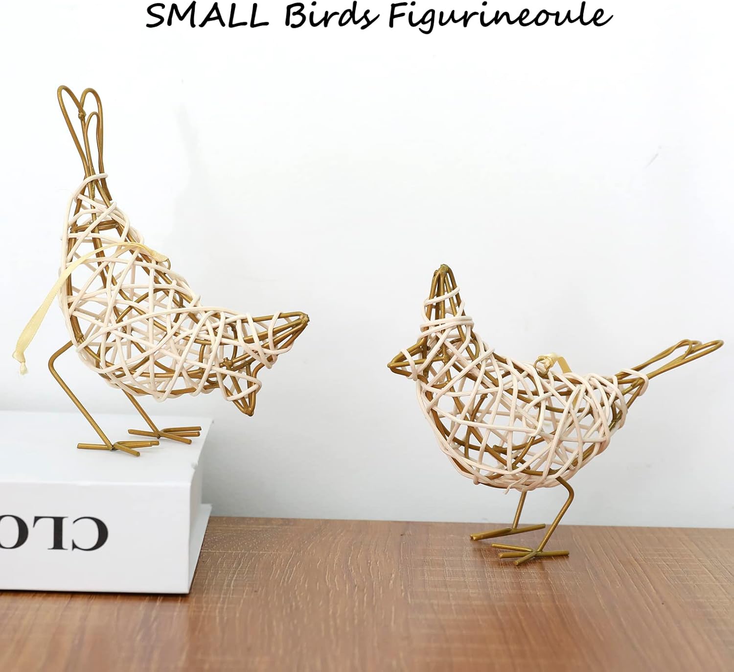 Handmade Bird Statue Rustic Table Decor Trio, Rattan Bird Figurine Farmhouse Shelf Decor, Handing Metal Sculptures for Home Decoration, Christmas Ornament & Memo Clip