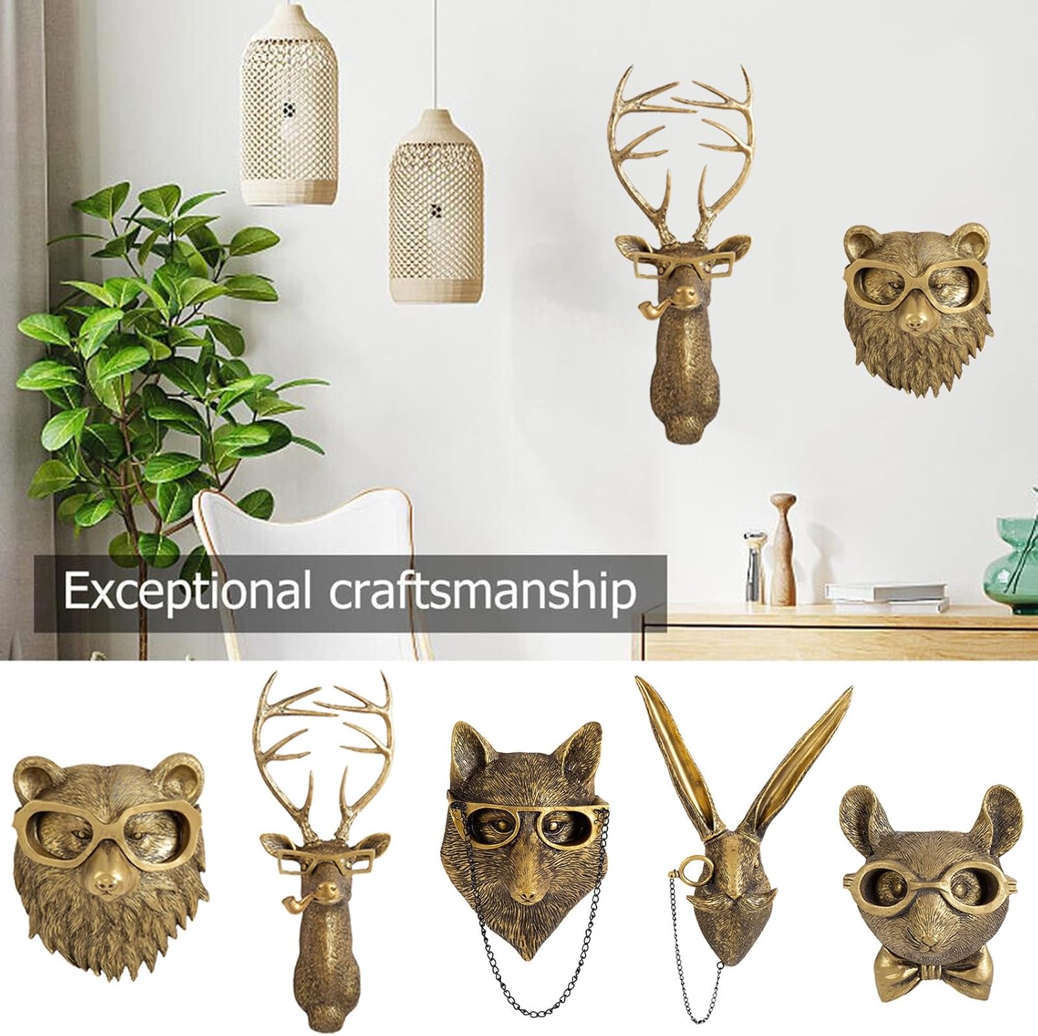 GUASDIE Animal Heads Wall Decor, Faux Deer Head Mount, Animal Sculptures Wall Decor, Resin Animal Head Wall Hanging Decoration for Living Room Bedroom Kitchen Gift,5pcs