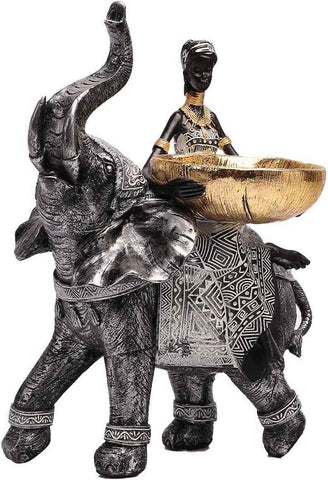 African Design Silver African Elephant and Tribal Lady Figurines with Tribal Totem, Animal and Women Decor Art Sculptures, Holder Statues for Home and Table Decor 911-Black