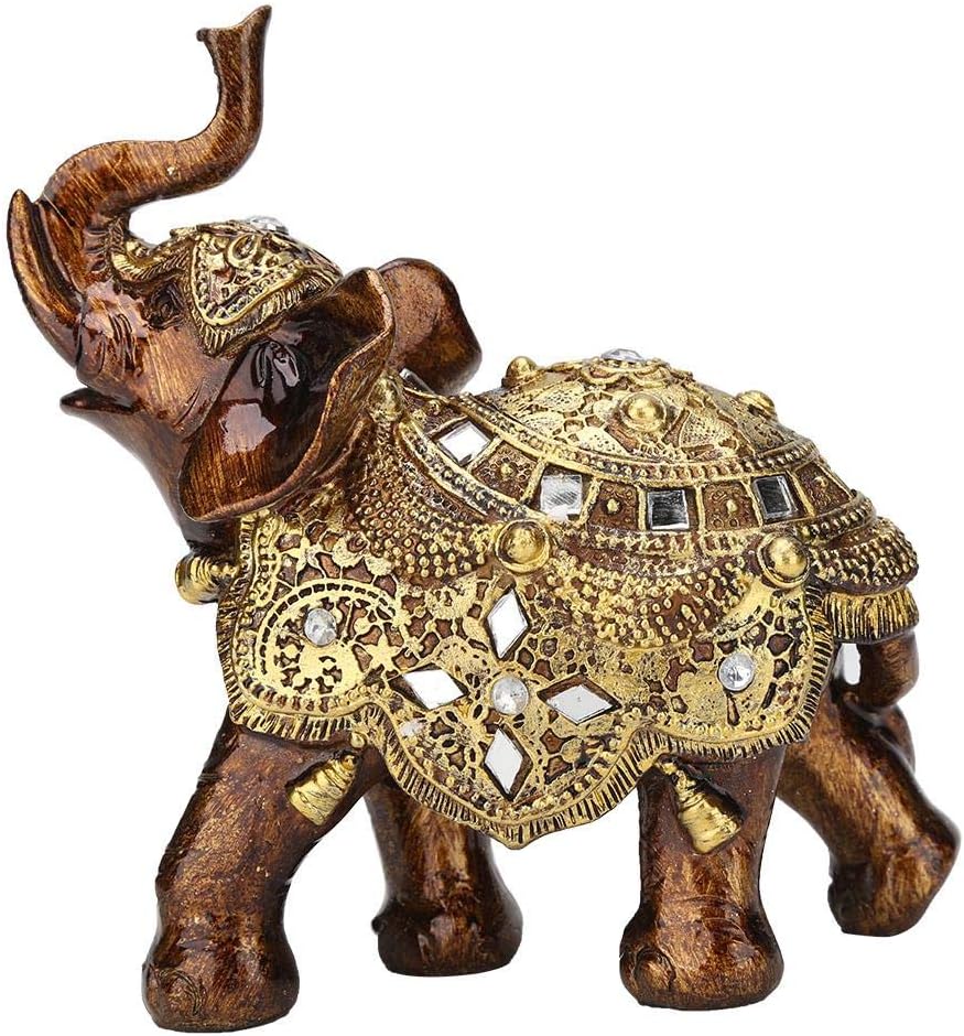 Golden Elephant Statue, Resin & Wood Grain Collectible Figurine, Feng Shui Lucky Elephant Sculpture for Home TV Cabinet