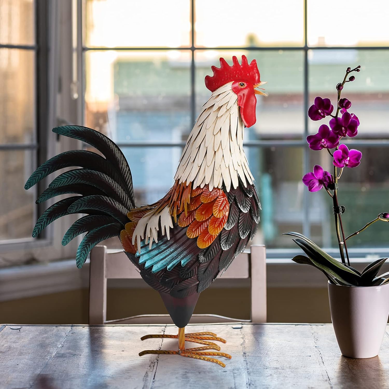 Metal Rooster Decor,Yard Chicken Decorations,Outdoor Garden Statues, Metal Chicken Sculpture for Backyard Patio Kitchen Decor & Lawn Ornaments